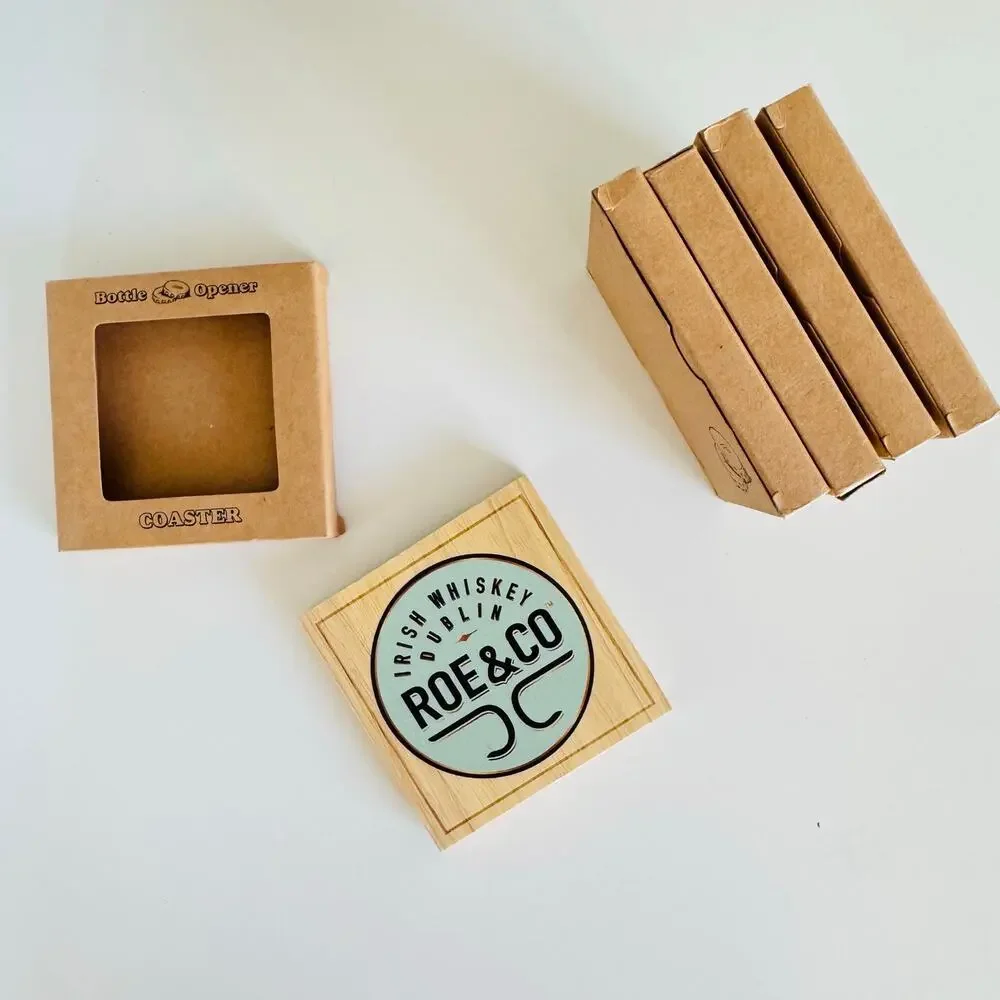 5 NEW ROSE CO Raw Wood Tan Beige Square Coaster Silver Steel Bottle Opener Set